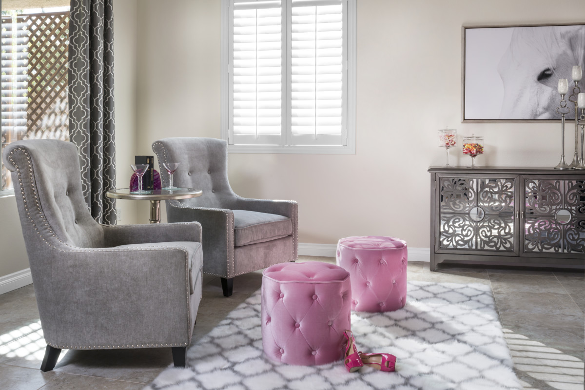 Denver pink living room with shutters